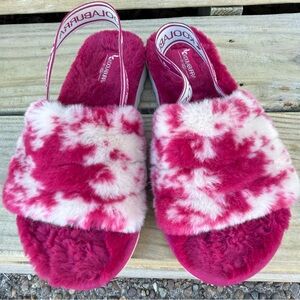 Koolaburra UGG Fuzz’n Tie Dye Slippers Red White Faux Fur Slingback Size 6 Cozy